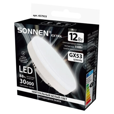 Лампа светодиодная SONNEN EXTRA, 12 (110) Вт, GX53, таблетка, нейтральный белый, 30000 ч, LED 12W-4000-GX53, 457933, 457933