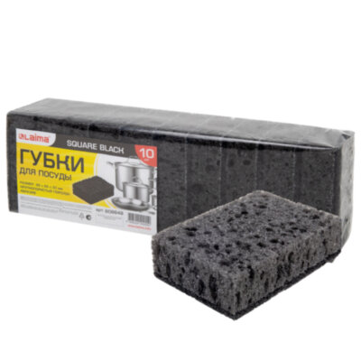Губки для посуды 9,8х6,6х3 см, КОМПЛЕКТ 10 шт., SQUARE BLACK, КРУПНОПОРИСТЫЙ поролон с абразивным слоем, LAIMA, 608648, 608648