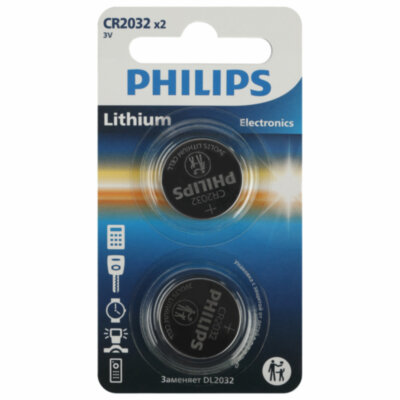 Батарейки литиевые PHILIPS Lithium CR2032 "таблетки, дисковые, кнопочные" КОМПЛЕКТ 2 шт., блистер, Б0062716, 457388
