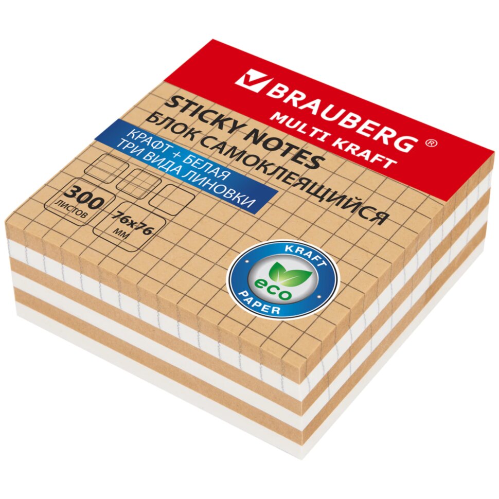 Блок самоклеящийся крафтовый (стикеры) BRAUBERG, MULTI KRAFT 76х76 мм, 300 листов, 115209, 115209