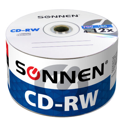Диски CD-RW SONNEN 700 Mb 4-12x Bulk (термоусадка без шпиля), КОМПЛЕКТ 50 шт., 512578, 512578