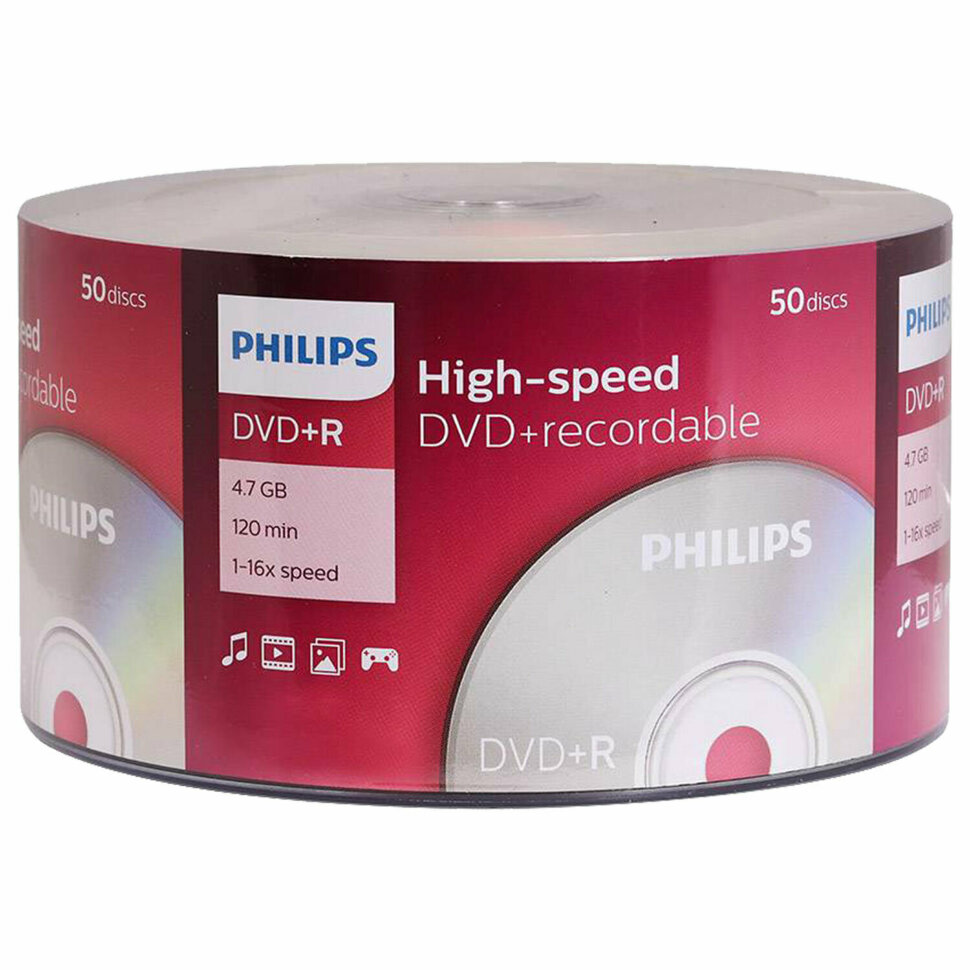 Диски DVD+R (плюс) PHILIPS, 4,7 Гб, 16x, Bulk (термоусадка без шпиля), КОМПЛЕКТ 50 шт., DR4S6U50F/97, 514202