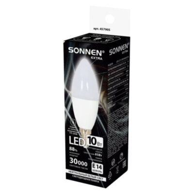 Лампа светодиодная SONNEN EXTRA, 10 (85) Вт, Е14, свеча, нейтральный белый, 30000 ч, LED C37-10W-4000-Е14, 457905, 457905