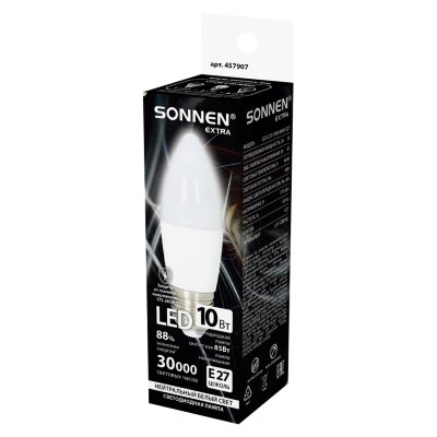 Лампа светодиодная SONNEN EXTRA, 10 (85) Вт, Е27, свеча, нейтральный белый, 30000 ч, LED C37-10W-4000-Е27, 457907, 457907