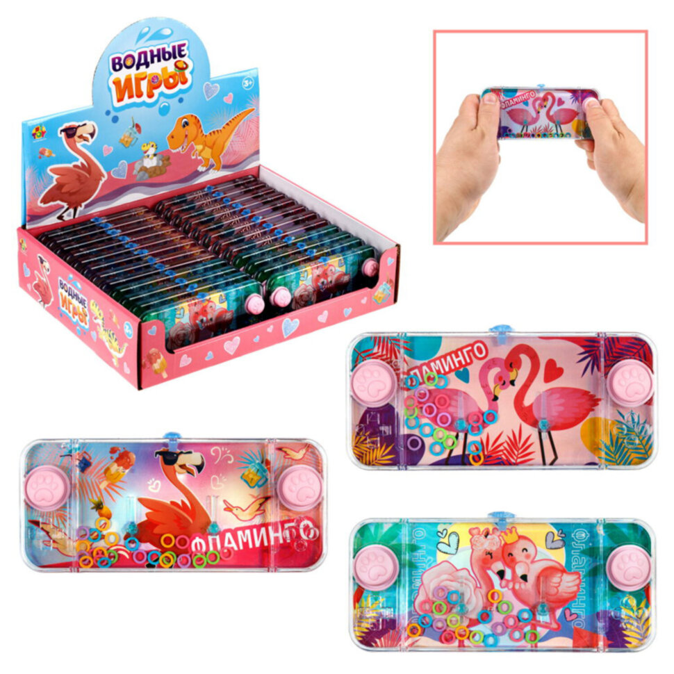 Водный тетрис колечки "Фламинго" 15,5х7х2 см, АССОРТИ, 3 вида, дисплей, 1TOY, Т26509, 24 штук, 666749