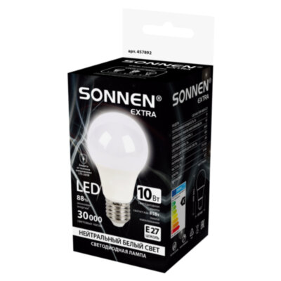 Лампа светодиодная SONNEN EXTRA, 10 (85) Вт, Е27, груша, нейтральный белый, 30000 ч, LED A60-10W-4000-Е27, 457892, 457892