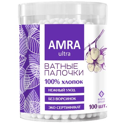 Ватные палочки 100 шт., AMRA, пластиковый стакан, П00055403, 117588