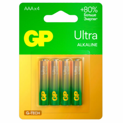 Батарейки КОМПЛЕКТ 4 шт., GP Ultra G-Tech, AAA (LR03, 24А), алкалиновые, мизинчиковые, 24AUA21-2CRSBC4, 457748