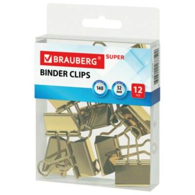 Зажимы для бумаг BRAUBERG EXTRA, КОМПЛЕКТ 12 шт., 32 мм, на 140 л., золотистые, европодвес, 229587, 229587