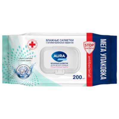 Салфетки влажные 200 шт., AURA Family, антибактериальные, для всей семьи, крышка клапан, 10394, 117694