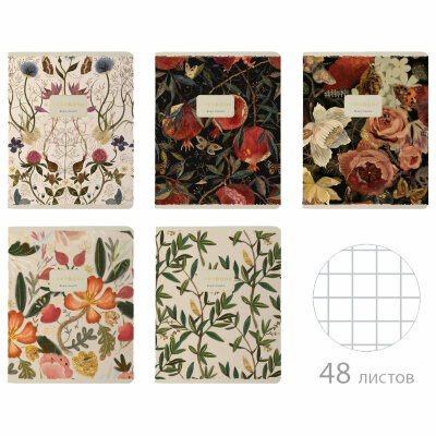 Тетрадь А5 48 л. BRUNO VISCONTI скоба, клетка, Soft Touch, фольга, "BLOOM FLOWERS" (5 видов), 7-48-1277, 10 штук, 404989