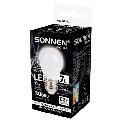 Лампа светодиодная SONNEN EXTRA, 7 (60) Вт, E27, шар, нейтральный белый, 30000 ч, LED G45-7W-4000-Е27, 457912, 457912