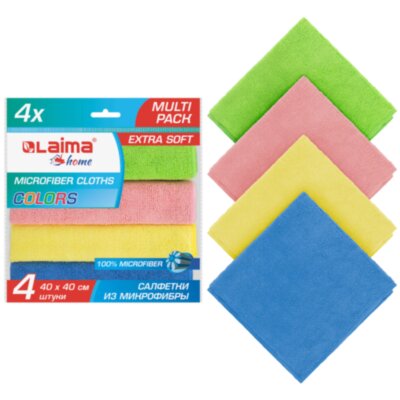 Салфетка из МИКРОФИБРЫ универсальная 40х40 см, КОМПЛЕКТ 4 шт., MULTI PRO COLOUR, 280 г/м2, LAIMA, 607793, 607793