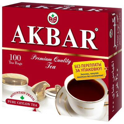 Чай АКБАР "Premium Quality" черный байховый цейлонский, 100 пакетиков по 2 г, 1050046, 624249