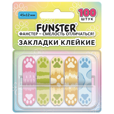 Закладки клейкие Z-сложения FUNSTER (ФАНСТЕР) "Лапки собак", 45х12 мм, 100 шт. (5 цветов х 20 листов), в диспенсере, 116693, 116693
