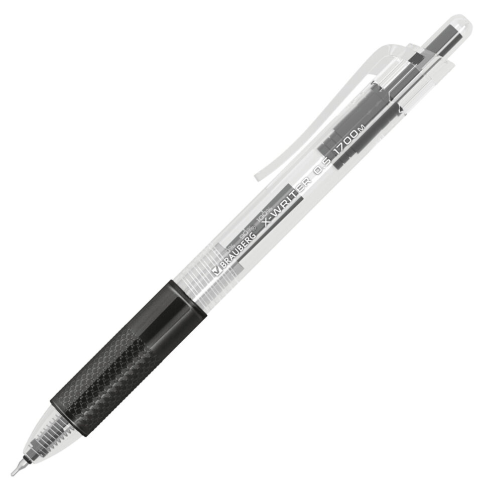 Ручка гелевая автоматическая BRAUBERG "X-WRITER 1700" УВЕЛИЧЕННАЯ ДЛИНА ПИСЬМА 1700 м, ЧЁРНАЯ, игольчатый узел 0,5 мм, линия 0,35 мм, 144472, 24 штук, 144472