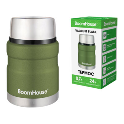 Термос 0,7 л для еды/напитков с широким горлом, BOOMHOUSE (БУМХАУС) RIBBED, нержавеющая сталь SUS304, оливковый, 700321, 700321