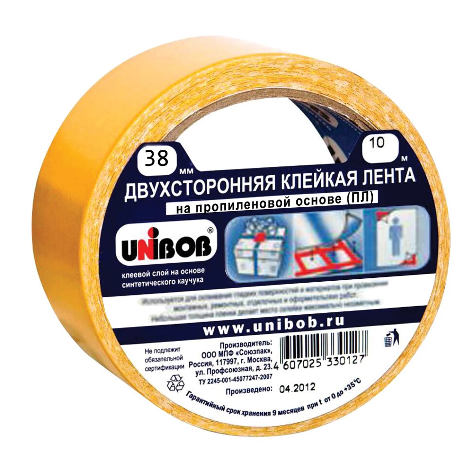 Клейкая двухсторонняя лента 38 мм х 10 м, ПОЛИПРОПИЛЕНОВАЯ ОСНОВА, UNIBOB, 38566, 600017
