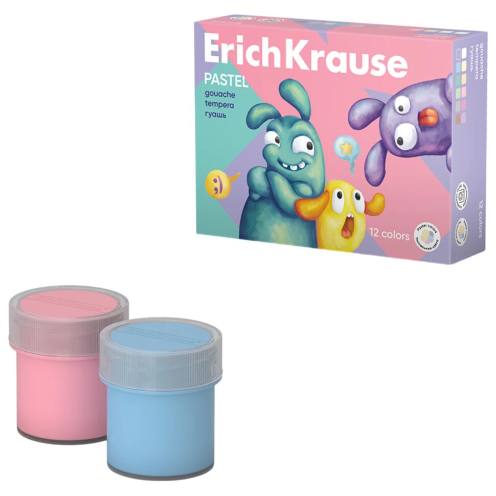 Гуашь ERICH KRAUSE "Jolly friends pastel" 12 цветов по 20 мл, картонная упаковка, 61419, 192699