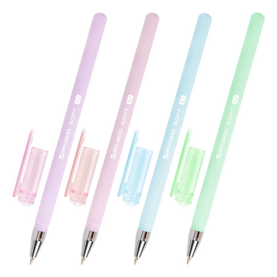 Ручка шариковая BRAUBERG "SOFT PASTEL", СИНЯЯ, корпус ассорти, узел 0,7 мм, линия 0,35 мм, 144397, 24 штук, 144397