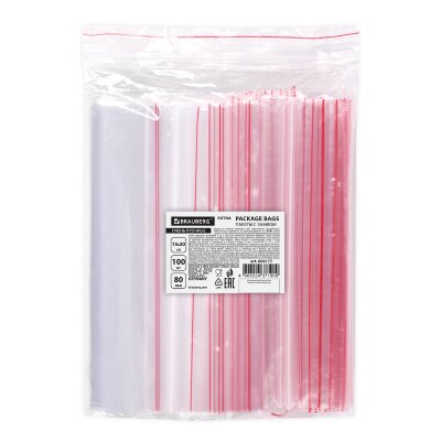 Пакеты ZIP LOCK "зиплок" ОЧЕНЬ ПРОЧНЫЕ, комплект 100 шт., 150х200 мм, ПВД 80 мкм, BRAUBERG EXTRA, 608177, 608177