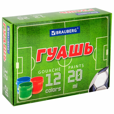 Гуашь BRAUBERG "Футбол", 12 цветов по 20 мл, 192566, 192566