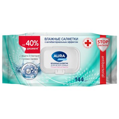 Салфетки влажные 144 шт., AURA Family, антибактериальные, для всей семьи, крышка клапан, 10393, 117692