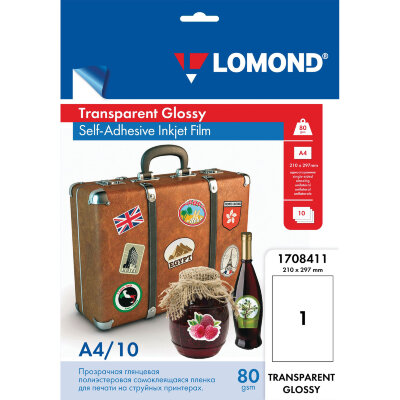 Пленка LOMOND для струйных принтеров, самоклеящаяся, прозрачная, 100 мкм, А4, 10 шт., 1708411, 531094