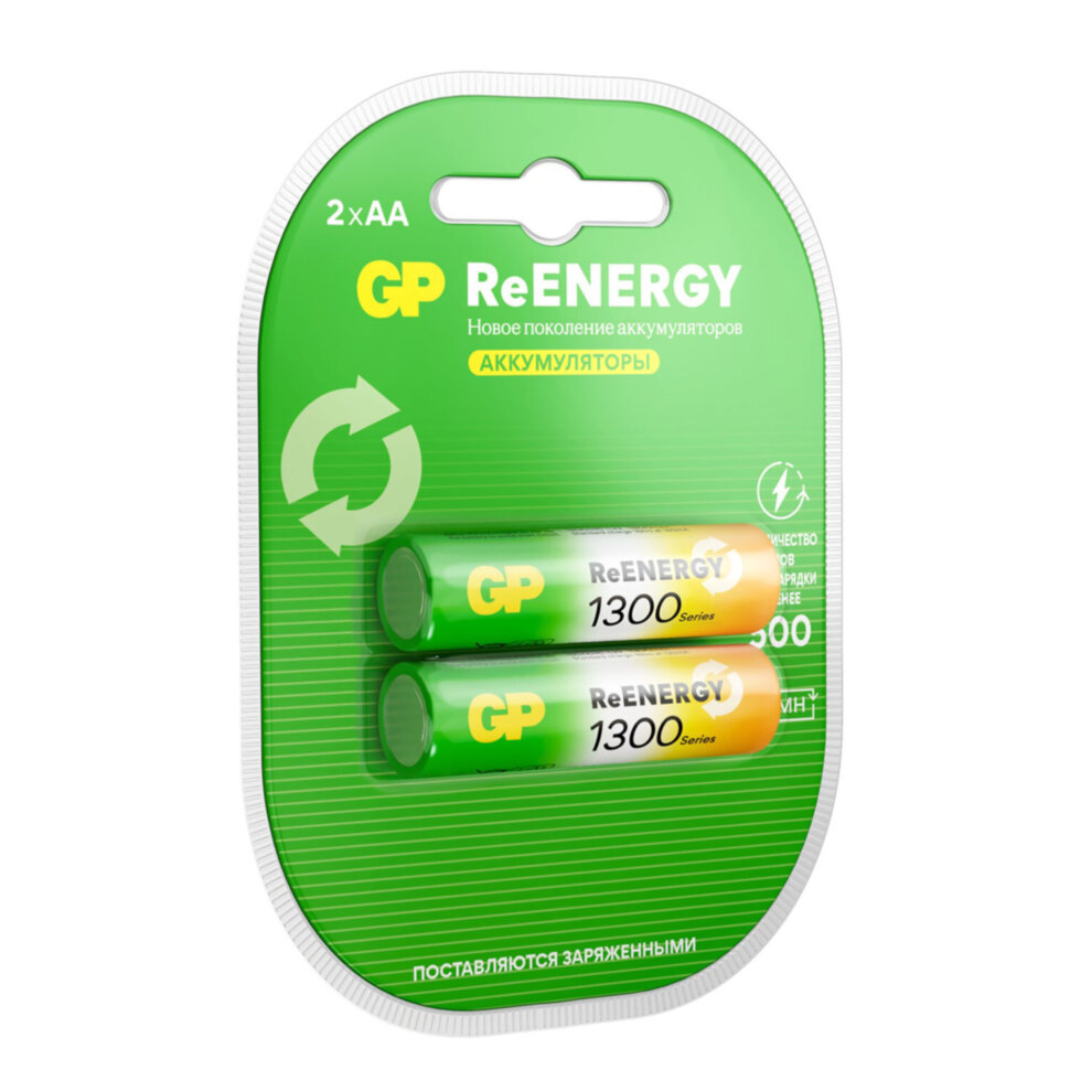 Батарейки аккумуляторные GP ReEnergy Ni-Mh пальчиковые КОМПЛЕКТ 2 шт., AA (HR6), 1300 mAh, 130AAHCRGY, 130AAHCRGY-2CRC, 458459