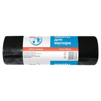 Мешки для мусора 240 л, черные, в рулоне 10 шт., ПВД, 30 мкм, 112х140 см, PACLAN Professional, 1338717, 606336