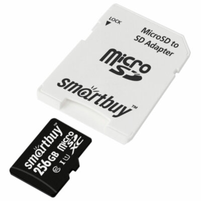Карта памяти microSDXC 256 GB SMARTBUY, UHS-I, 90 Мб/сек (class 10), с адаптером, SB256GBSDCL10-01, 514075