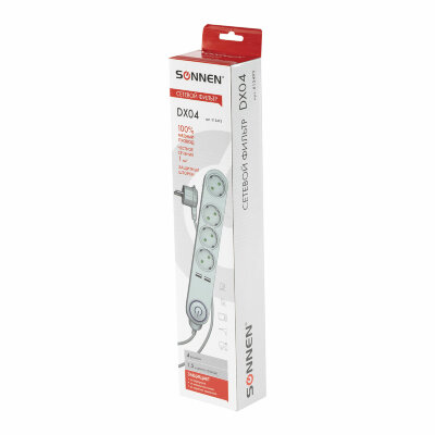 Сетевой фильтр SONNEN DX04, 4 розетки, 2 USB-порта, с заземлением, 10 А, 1,5 м, графит, 513493, 513493