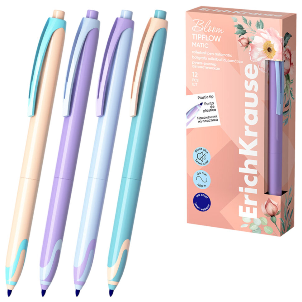 Ручка-роллер автоматическая ERICH KRAUSE "TipFlow Pastel Bloom", СИНЯЯ, корпус ассорти, 0,4 мм, 63705, 144581