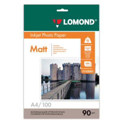 Фотобумага матовая, A4, 90 г/м2, односторонняя, 100 листов, LOMOND, 0102001, 360332