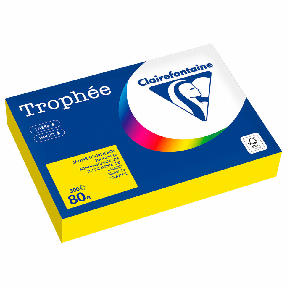 Бумага цветная CLAIREFONTAINE, А4, 80 г/м2, 500 л., интенсив, солнечно-желтый, Франция, 1978PC, 116721