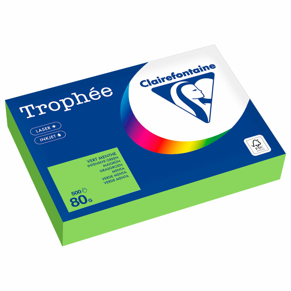 Бумага цветная CLAIREFONTAINE, А4, 80 г/м2, 500 л., интенсив, ярко-зеленый, Франция, 1875C, 1875PC, 116720