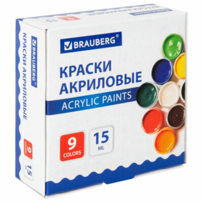Краски акриловые для рисования и творчества 9 цветов по 15 мл, BRAUBERG, 192563, 192563