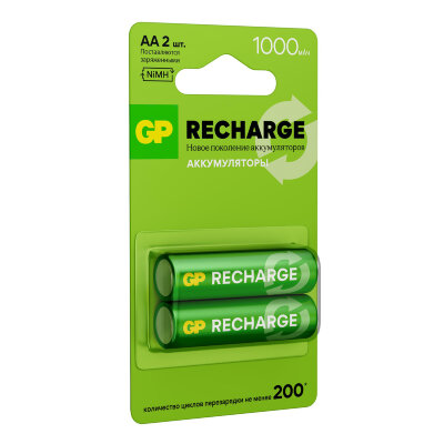Батарейки аккумуляторные GP ReCharge Ni-Mh пальчиковые КОМПЛЕКТ 2 шт., АА (HR6) 1000 mAh, 100AAHCV, 100AAHCV-2CRSB, 458475