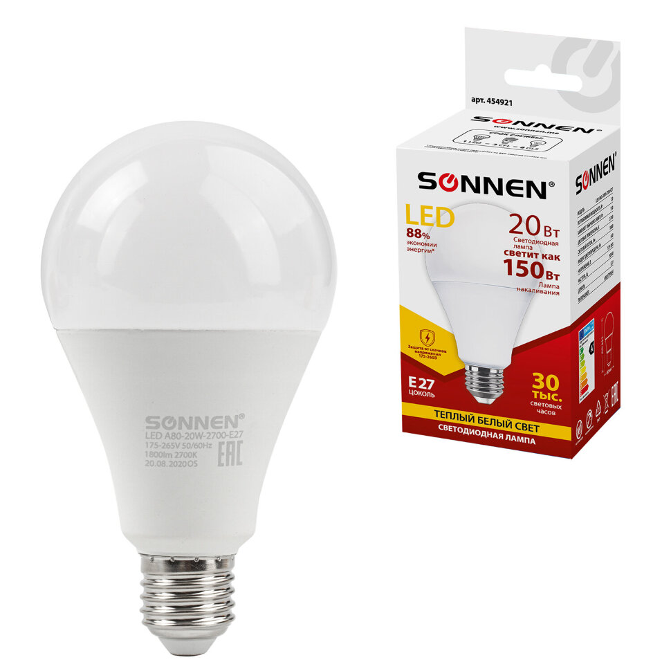 Лампа светодиодная SONNEN, 20 (150) Вт, цоколь Е27, груша, теплый белый, 30000 ч, LED A80-20W-2700-E27, 454921, 454921