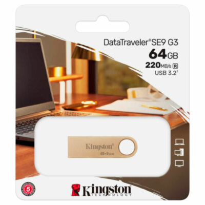 Флеш-диск 64 GB, KINGSTON DataTraveler SE9 G3 USB 3.2, металлический корпус, золотой, DTSE9G3/64GB, 514073
