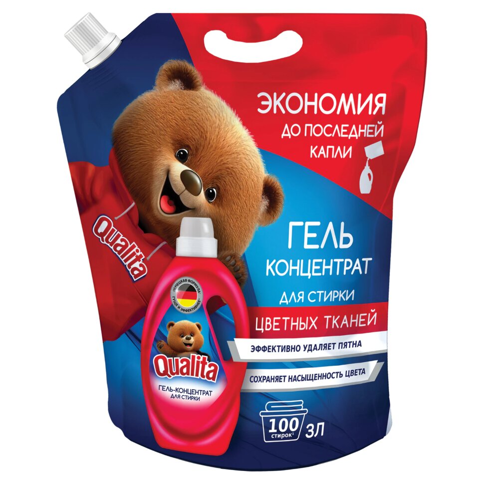 Гель для стирки цветного белья 3 л, QUALITA, концентрат, дой-пак, 14478, 702024