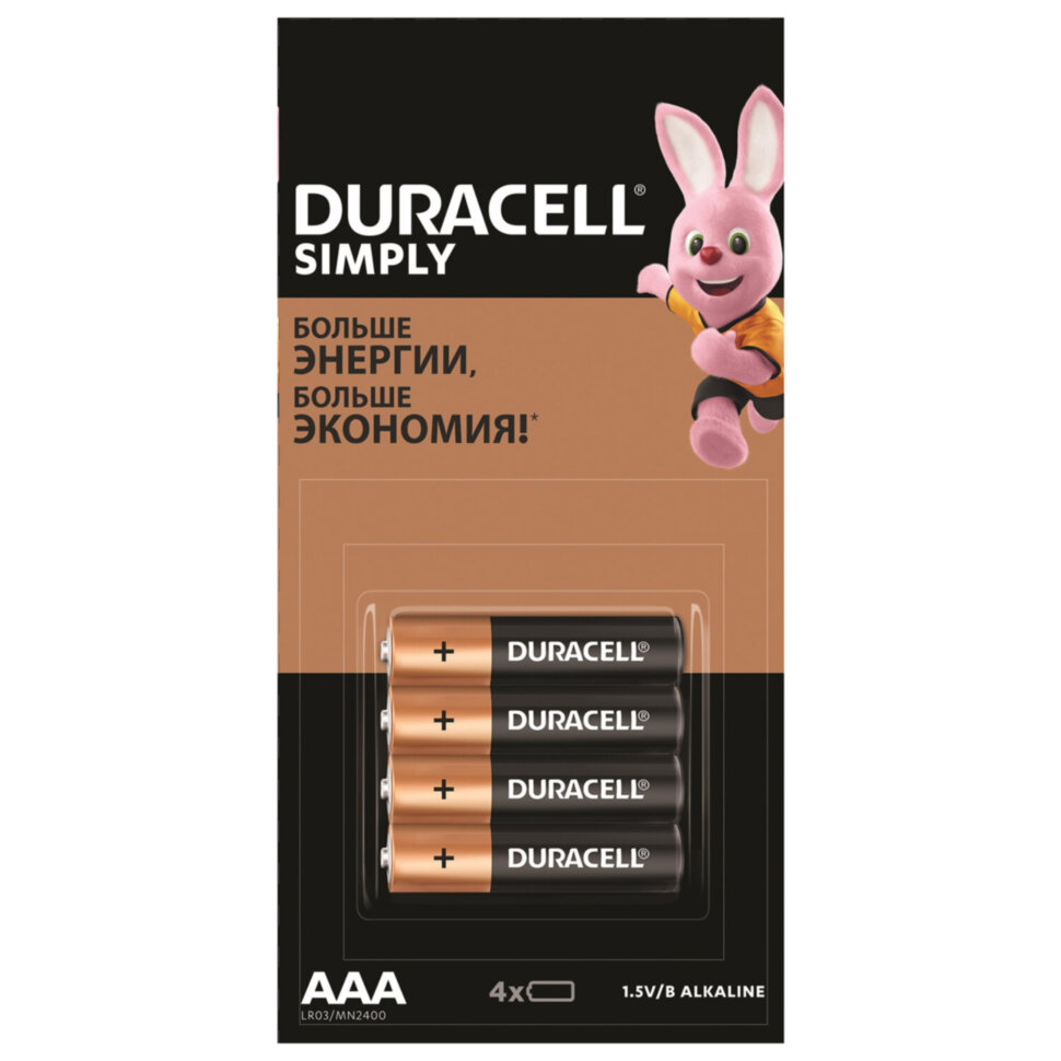 Батарейки КОМПЛЕКТ 4 шт. (отрывной блок), DURACELL Simply ОРИГИНАЛ, AAA (LR03,24А), алкалиновые, мизинчиковые, Б0046869, 455044