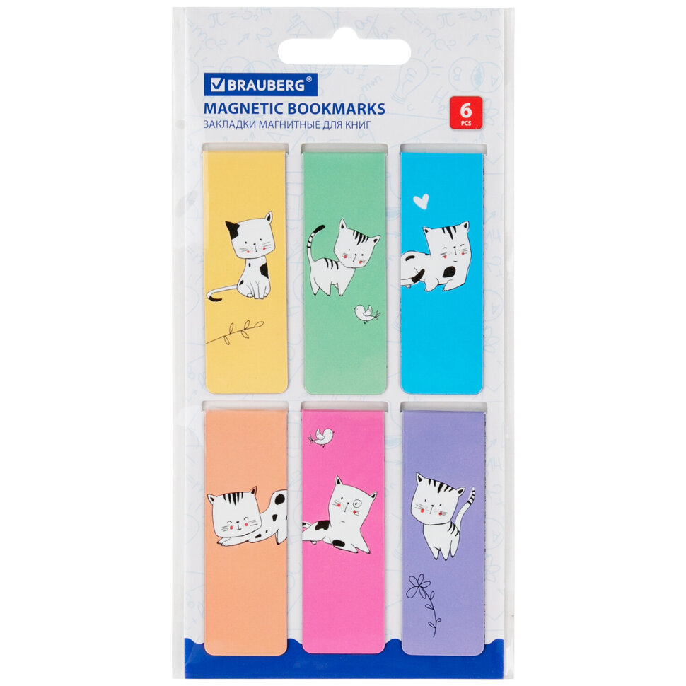 Закладки для книг МАГНИТНЫЕ, "CATS", набор 6 шт., 60x20 мм, BRAUBERG, 113159, 113159