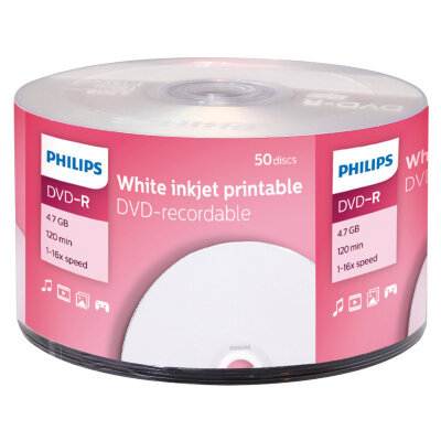 Диск DVD-R PHILIPS 4,7 Гб, 16x, Bulk (термоусадка без шпиля), поверхность для печати, КОМПЛЕКТ 50 шт., DM4I6U50F/97, 514195