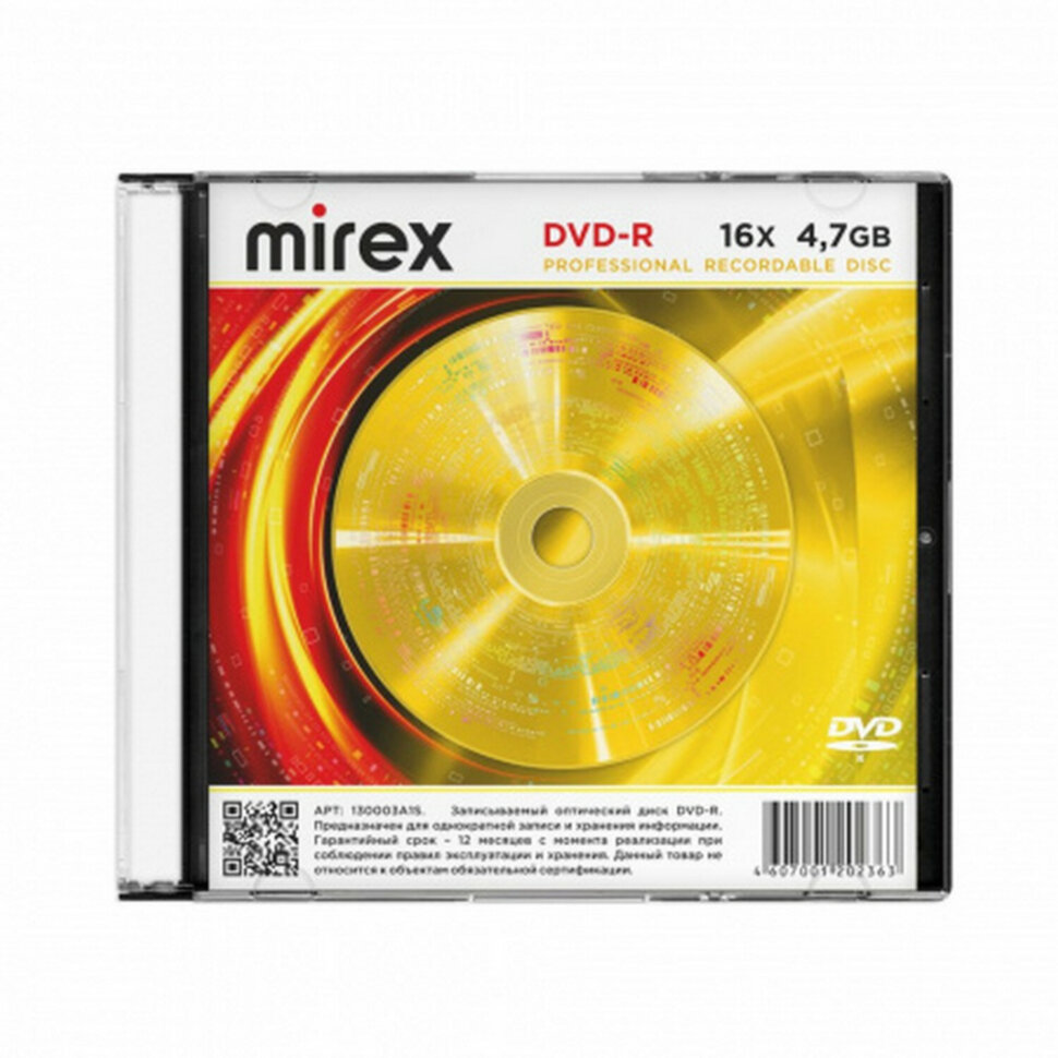 Диск DVD-R MIREX, 4,7 ГБ, 16x, Slim Case, 1 штука, UL130003A1S, 514007