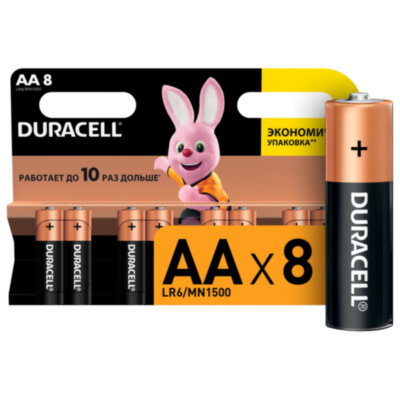 Батарейки КОМПЛЕКТ 8 шт., DURACELL Basic ОРИГИНАЛ, AA (LR6, 15А), алкалиновые, пальчиковые, C0033441, 450431