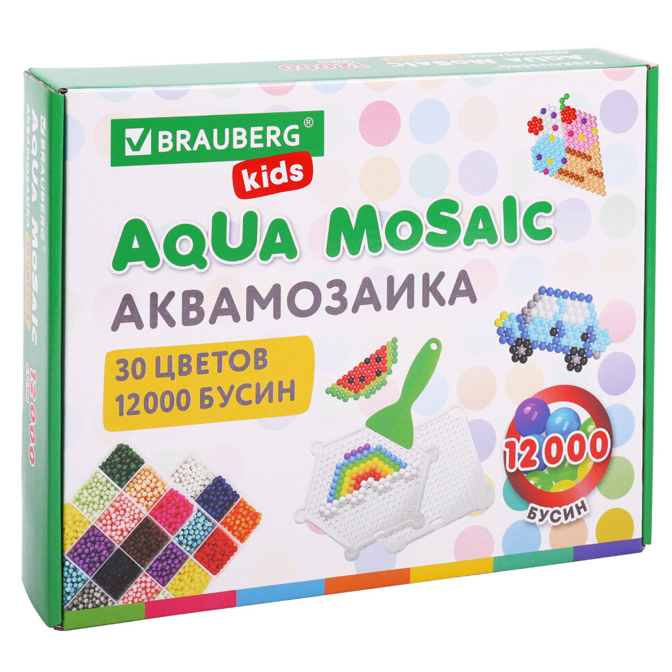 Аквамозаика 30 цветов 12000 бусин, с трафаретами, инструментами, аксессуарами, BRAUBERG KIDS, 664917, 664917