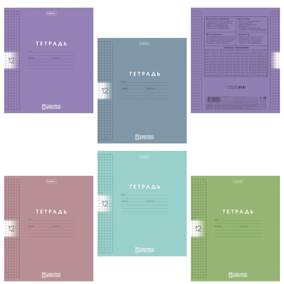 Тетрадь обложка пластик, 12 л., клетка, HATBER, Color Set (микс в спайке), 092025, 12Т5В1пл, 107666