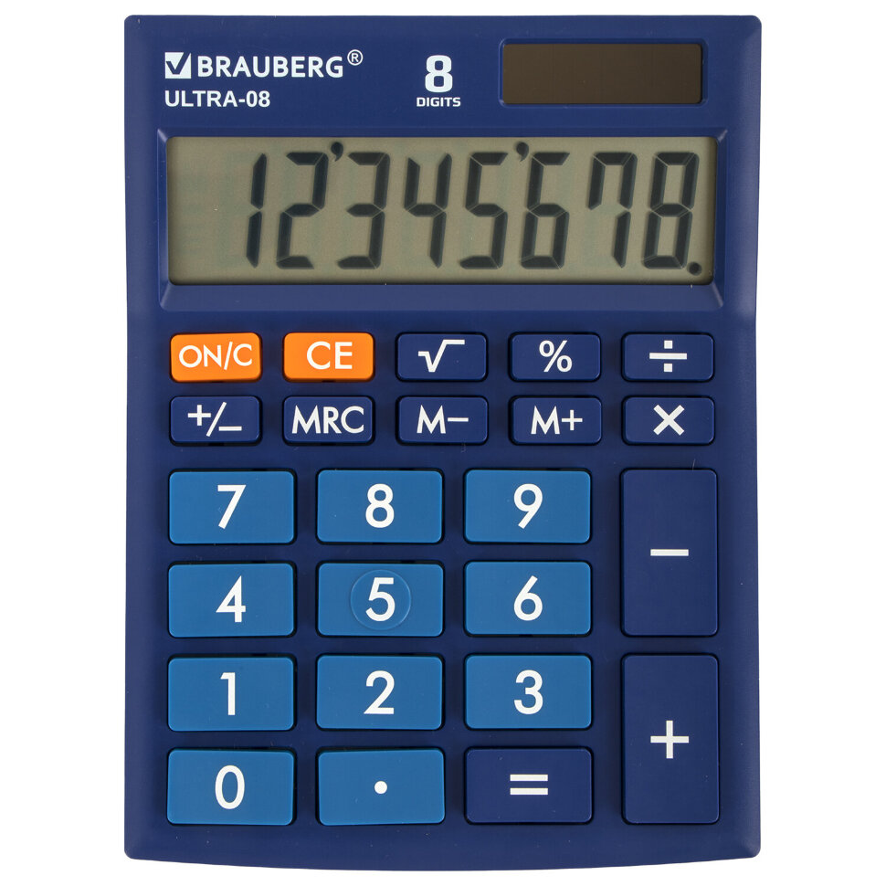 Калькулятор настольный BRAUBERG ULTRA-08-BU, КОМПАКТНЫЙ (154x115 мм), 8 разрядов, двойное питание, СИНИЙ, 250508, 250508