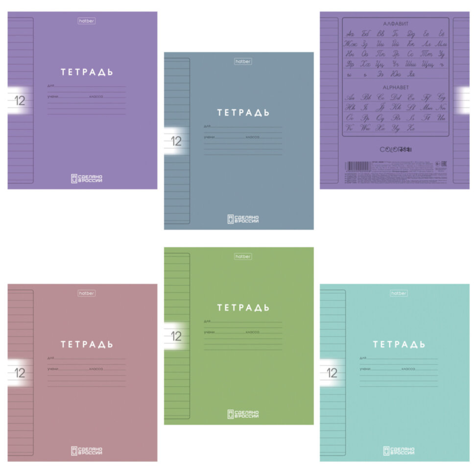 Тетрадь обложка пластик, 12 л., линия, HATBER, Color Set (микс в спайке), 092026, 12Т5В2пл, 107667